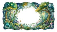 Enchanted forest frame with lush green foliage, twisted branches and magical woodland elements creating ornate border on transparent background.