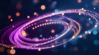 Glowing spiral light trails with purple and blue neon effect against dark background, bokeh particles create magical atmosphere for technology designs.