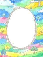 Watercolor landscape frame with decorative oval border, colorful hills, trees and clouds creating whimsical nature background for text or photos.