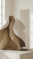 Abstract beige sculpture with flowing curved forms on minimalist pedestal in soft natural light creating elegant shadows and contemporary art display.