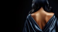 Young Asian woman with bare back in elegant black silk dress against dark background, dramatic lighting highlights smooth skin and fabric texture.