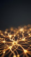 Glowing golden neural network nodes connected by luminous lines on dark background, representing artificial intelligence, data connectivity, and digital transformation for technology and innovation concepts.