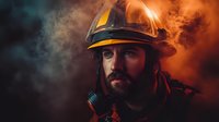 Dramatic portrait of bearded male firefighter in protective helmet against smoky orange background with atmospheric emergency lighting effects.