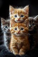Adorable ginger and gray kittens with bright blue eyes sitting together on dark background, looking at camera. Close-up portrait of young cats with fluffy fur.