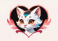 Cute white cat with blue markings and orange eyes framed by decorative heart shape with wings on pink background. Fantasy pet portrait for valentines cards.