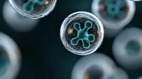 Microscopic view of glowing blue virus cells in transparent spherical membranes against dark background, scientific molecular biology visualization.