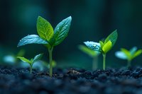 Young green seedlings emerging from dark soil with water droplets on leaves, symbolizing growth, renewal, and environmental sustainability.