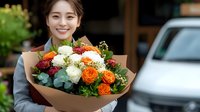 Young Asian woman in gray coat holding vibrant bouquet with white roses, orange ranunculus and eucalyptus wrapped in kraft paper, expressing genuine joy outdoors.