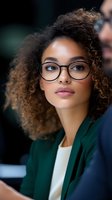 Young African American businesswoman with curly hair and glasses in professional meeting environment for corporate presentations and workplace diversity.