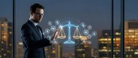 Professional businessman in suit interacting with holographic justice scales and legal icons in modern office overlooking city skyline at dusk.