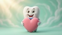 Cute cartoon tooth character holding pink heart on mint green background for dental care and oral health awareness campaigns.