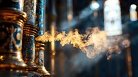 Glowing incense smoke rises in golden swirls against dark church interior with ornate brass holders and stained glass windows creating mystical atmospheric scene.