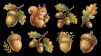 Squirrel and acorns with oak leaves isolated on transparent background, ready for t-shirt design, clipart, stickers, sublimation and print-on-demand projects.