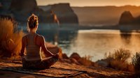 Young woman practicing yoga meditation at sunset by ocean cliffs. Peaceful mindfulness session on rocky coastline during golden hour for wellness and relaxation.