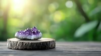 Raw amethyst crystal cluster on wooden slice against blurred green nature background with soft bokeh lights and copy space for wellness and meditation concepts.