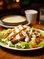 Fresh grilled chicken salad with crisp lettuce, cherry tomatoes and creamy ranch dressing drizzle on white plate, restaurant ambiance with warm lighting.