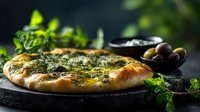 Freshly baked focaccia bread with herbs and olive oil on dark stone background, served with olives and sea salt. Rustic Italian cuisine photography.