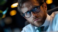 Young professional man with beard and glasses looking thoughtful in evening office setting with bokeh lights, wearing blue shirt and tie, modern workplace portrait.