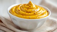 Creamy yellow mustard sauce with spices in white ceramic bowl on beige linen napkin, perfect for gourmet sandwiches and appetizers.