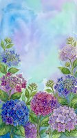 Watercolor hydrangea flowers frame with blue purple pink blooms on pastel gradient background for spring summer greeting cards and wedding invitations.