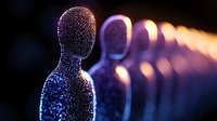 Digital human figures made of glowing particles standing in row with purple and orange lighting effects for technology and artificial intelligence concepts.