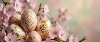 Golden decorated Easter eggs nestled among delicate pink cherry blossoms on soft pastel background for spring holiday celebrations and greeting cards.