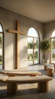 Modern chapel interior with wooden cross, curved benches, arched windows, concrete walls, and natural light for spiritual contemplation and worship spaces.