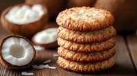 Stack of homemade coconut macaroons with fresh coconut halves and shredded filling on rustic wooden background, selective focus on crispy golden cookies.