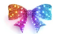 Sparkling rainbow bow with glitter texture and gradient colors from red to blue, shimmering effect on white background, isolated decorative element.