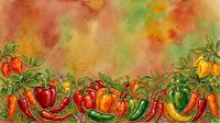 Colorful peppers and chili plants with green foliage arranged in a row against a warm, textured watercolor background in autumn tones. Suitable for culinary, gardening, and food-related design projects.