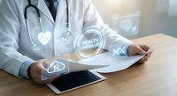Doctor using digital tablet with holographic medical interface icons displaying healthcare technology and patient data management systems.