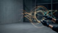 Young Asian man in black athletic wear practicing martial arts with dynamic golden light trails creating circular motion patterns in modern urban gym setting.