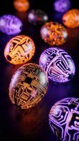 Glowing spheres with circuit board patterns in purple and orange light creating futuristic technology concept for digital innovation and electronic design projects.