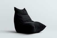 Modern black bean bag chair on white background, minimalist furniture design with soft textured fabric and ergonomic shape for contemporary living spaces.