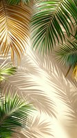 Palm fronds casting natural shadows on beige wall, green and golden leaves creating tropical atmosphere for resort marketing and summer designs.