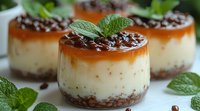 Layered dessert with chocolate crumble base, creamy cheesecake filling, caramel sauce topping, and fresh mint garnish, served in individual glass portions.