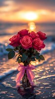 Red roses in glass vase with pink bow on beach at sunset, golden hour light reflecting on ocean waves creates romantic bokeh background for Valentine's Day or anniversary.