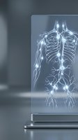 Glowing vascular system displayed on transparent glass panel showing illuminated arteries and veins throughout human body for medical education and healthcare presentations.