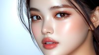 Young Asian woman with flawless glowing skin, coral lipstick, and natural makeup look against light background. Professional beauty and cosmetics photography style.