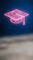 Neon glowing graduation cap with circuit board pattern and tassel on dark blue starry background, representing technology education, digital learning, and innovation in academic achievement.