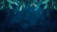 Magical winter night sky with glowing stars and evergreen pine branches framing top border against deep blue background. Seasonal nature illustration.