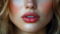 Close up of sensual red lips and partial face view of young Caucasian woman with blonde hair showing professional makeup application and beauty details.