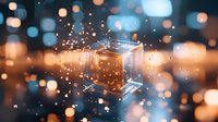 Glowing transparent cube floating in dark space with magical sparkles and bokeh lights creating dreamy atmosphere. Orange and blue color scheme adds depth.