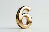 Golden metallic number six standing upright on light background, glossy dimensional digit with reflective surface suitable for anniversary or ranking designs.