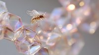 Honey bee resting on crystal glass structure with soft bokeh light effects and rainbow reflections creating dreamy atmospheric macro photography composition.