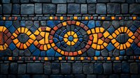 Ancient mosaic pattern with orange and blue geometric design on dark stone wall background creates decorative border with circular motifs and wave elements.