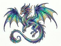 Mythical dragon with iridescent wings and scales in shades of blue, green, and purple, isolated on white background for design projects.