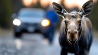 Young bull moose on rural road with approaching car headlights in background, wildlife safety and animal crossing concept highlighting dangerous encounter.