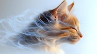 Artistic feline portrait showing ginger cat dissolving into ethereal smoke effect against light background, creating dreamy and surreal atmosphere.