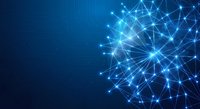 Abstract digital network connections with glowing nodes and lines on blue gradient background for technology and data visualization concepts.